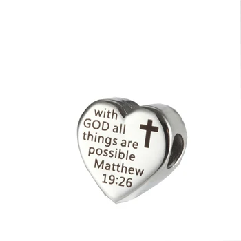 

Stainless steel heart beads-With GOD all things are possible Matthew 19:26--fit through chains--heart-shaped jewelry-5pcs-G2765