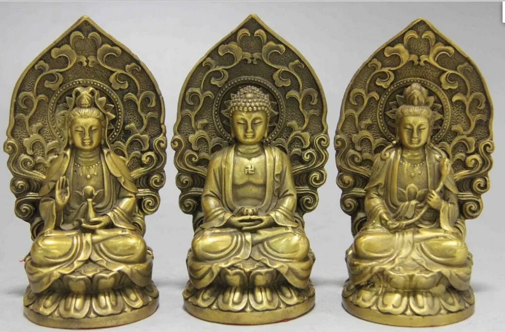 

5 Brass Coppe Three Saints of the West Bodhisattva Kwan-Yin Buddha Statue Set