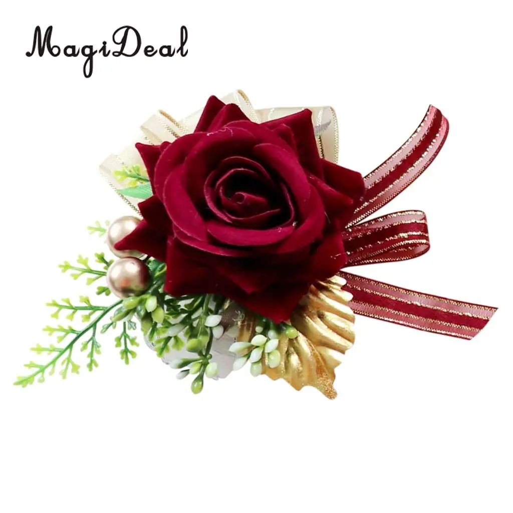Romantic Artificial Rose Flower Pearls Wedding Corsage Boutonniere for Bridal Groom Fancy Dress