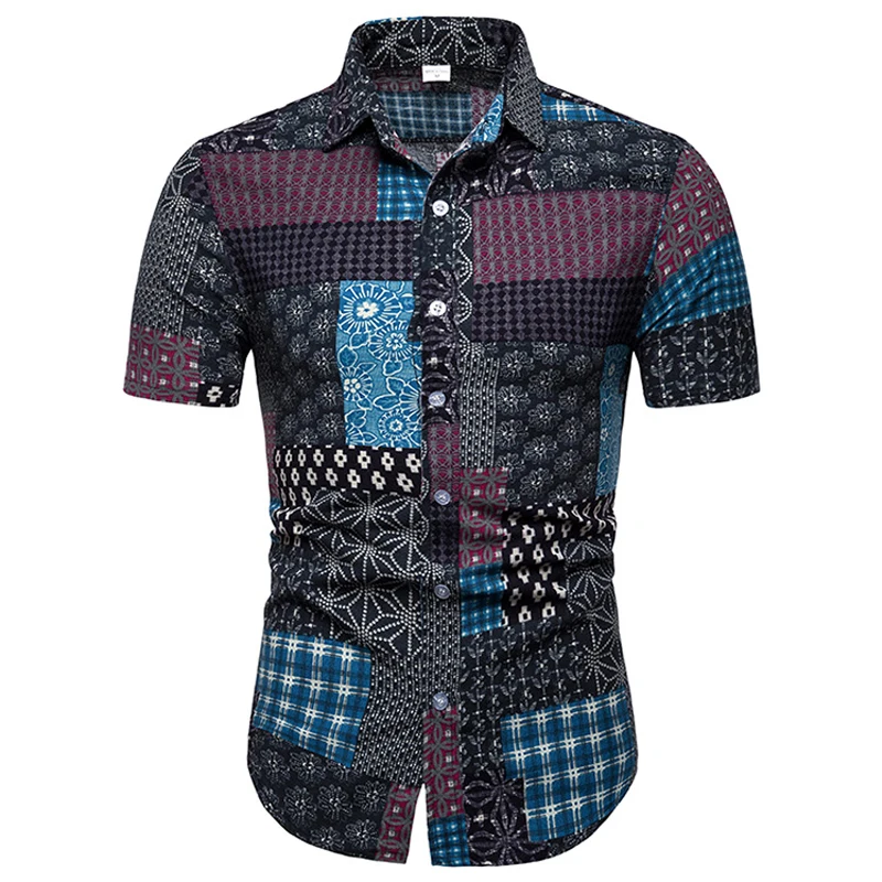 

MarKyi 2019 New Summer Cotton Linen Short Sleeve Shirts Male Casual Pattern Hawaii Shirt Male Tops