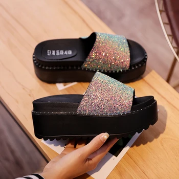 

women bling slip on shoes 2020 new korean fashion platform wedges shoes ladies summer flip flops rhinestone beach slides