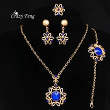 African Jewelry Sets 18K Gold Plated Sapphire Crystal Flower Charms Pendants Necklace Earrings Set Nigerian Wedding Accessories 2017 white crystal flower necklaces bracelet earrings set nigerian accessories wedding bead african costume free shippingabh016