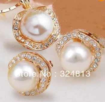 

Women's lady Jewellery bridai 18k GP crystal shell pearl necklace earrings set #2016