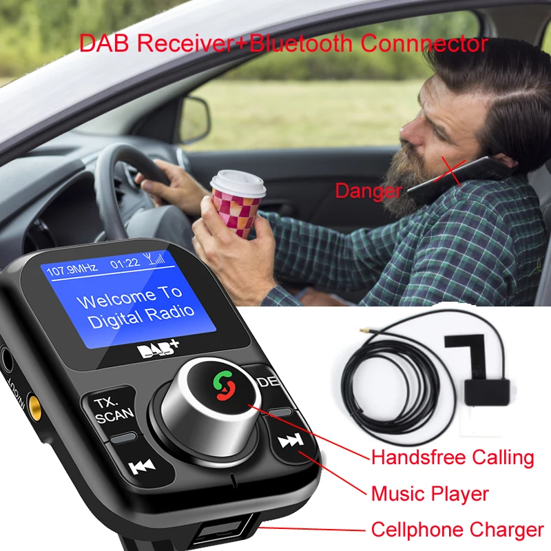  DAB receptor de radio dab + adaptador de convertidor FM USB antena coche manos libres Bluetooth
