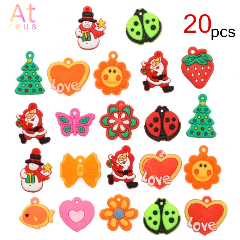 

Mix 20pcs Cartoon Christmas Tree Santa Claus Flower Heart Bow Butterfly Insect PVC Pendant Bracelet Jewelry Making Accessories