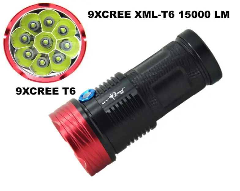 

skyray led flashlight 15000Lumen 9x CREE XML 9T6 LED Flashlight Torch 3-mode Hunting Work Lamp 4*18650 battery