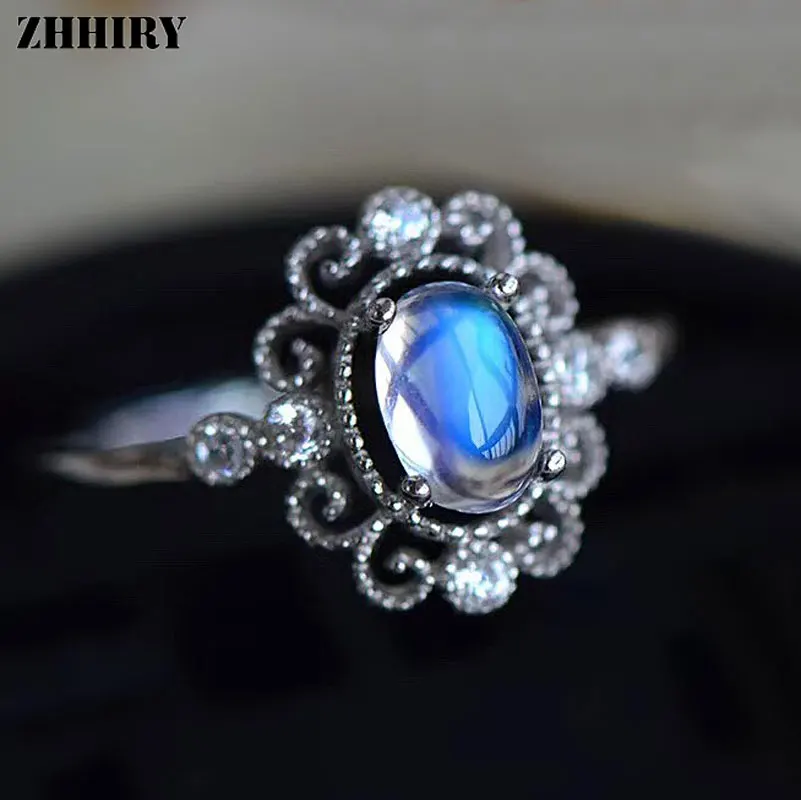 Zhhiry Genuine Natural Moonstone Ring Solid 925 Sterling Silver For ...