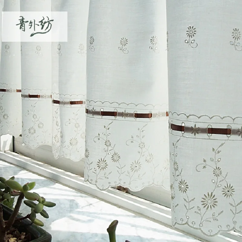 

Free shipping Pastoral cotton flower embroidery coffee short curtain kitchen curtains for living room bedroom 100*45&150*45/75cm