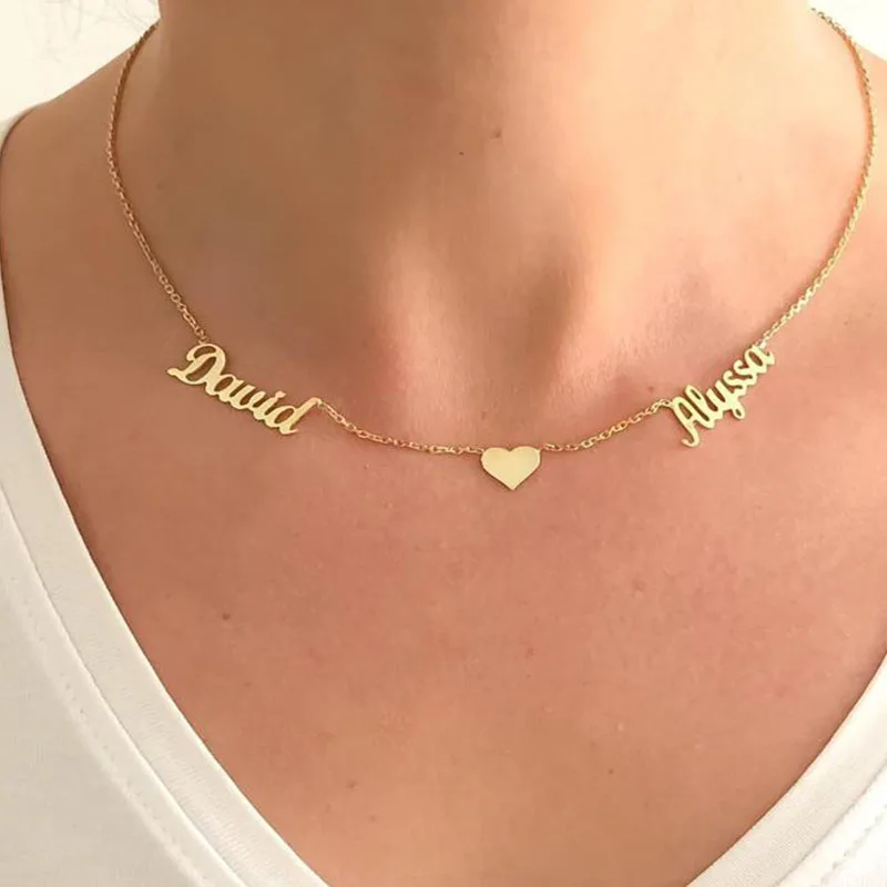 Custom Double Name Necklae With One heart For Lovers Custom Stainless Steel Gold Color Two Name Nameplate Pendant Necklaces