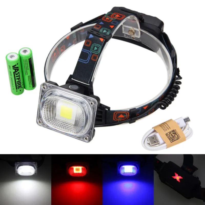 

3000lm 10W Headlamp COB RGB LED Headlight Outdoor Camping White Blue Red LED Light with 2x18650 Battery