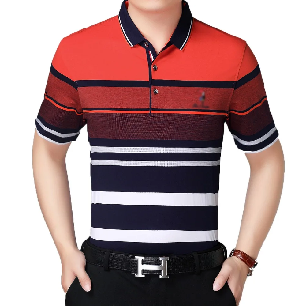 

Men Shirts Red Yellow Gradient Stripes Tops Man Summer Top Male Casual Cotton Tees Turn Down Collar Short Sleeve Shirt Homme New