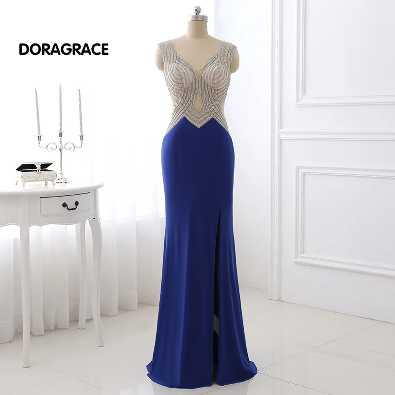 

DORAGRACE New Arrival Elegant Beaded V Neck Side Split Floor-Length Mermaid Prom Gowns Long Evening Dresses DGE069