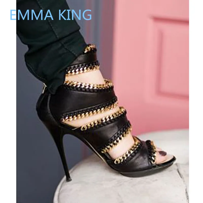 

2019 New Design Gold Chain Platform Shoes Woman Summer Gladiator Sandals Open Toe Cutout Sexy Stiletto Ladies High Heels Sandals
