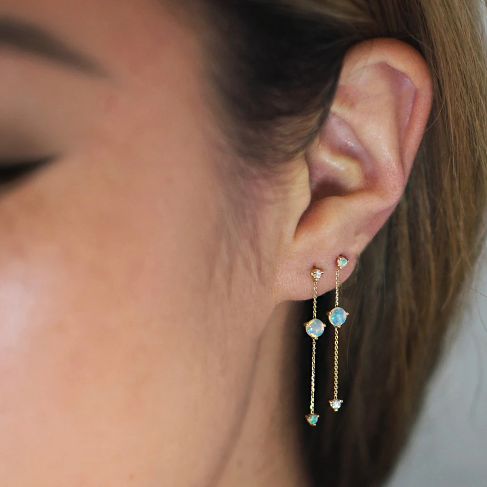 

2019 New fashion wholesale opal stone jewelry delicate chain tassel cz drop girl women long chain dainty gold color opal earring