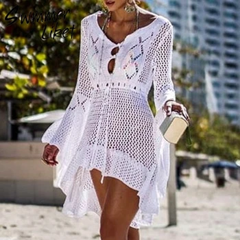 

New fashion knitted tunic dress women White swimsuit covre-ups Hollow out beach cover up skirt Summer 2019 beach sarong de plage
