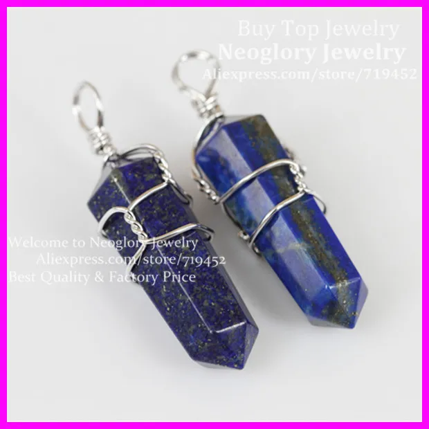 

10pcs Natural Hexagonal Prism Beads Healing Lapis Lazuli Point Gems Pendant Druzy Quartz Pendant Silver Wire Wrapped Pendant