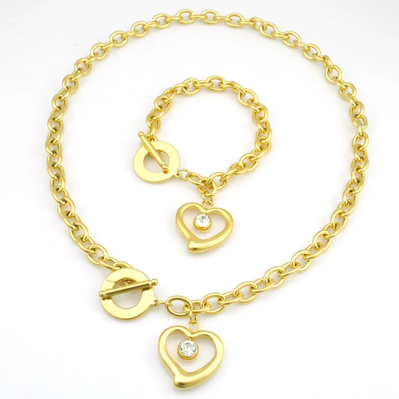 Fashion Women Bracelet Necklace Sets Stainless Steel Gold Hollow Crystal Heart 2016 New Arrival AJS155
