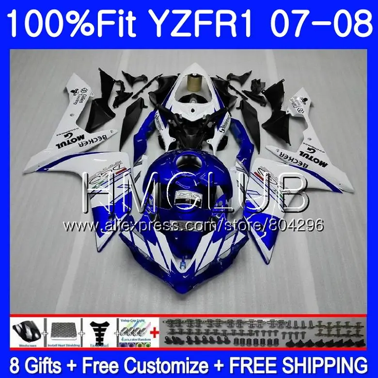 

Injection Body For YAMAHA YZF R 1 YZF 1000 YZFR1 07 08 98HM.8 YZF-R1 07 YZF1000 Blue white YZF-1000 YZF R1 2007 2008 Fairings