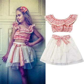 

Emmababy arrival Baby Girls Clothes Summer Comfortable Red Plaid Off-shoulder Tops Shirt and White Lace Mini Skirt Outfits Sets