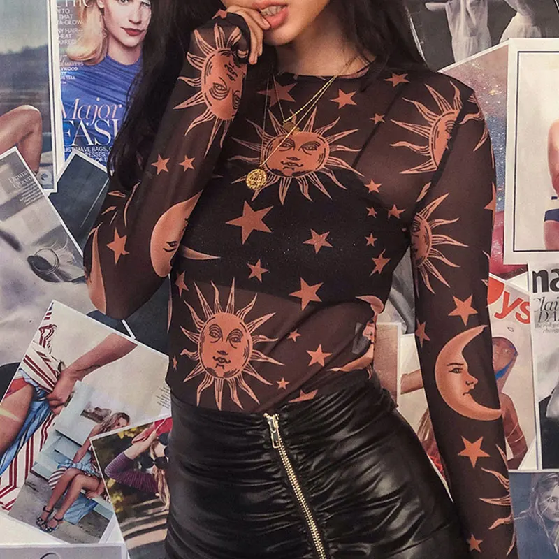 

Sexy O-neck Mesh Perspective Print Tops Women Vintage Long Sleeve Slim Wild Tees Ladies Fashion Sexy Club T-shirts Streetwear