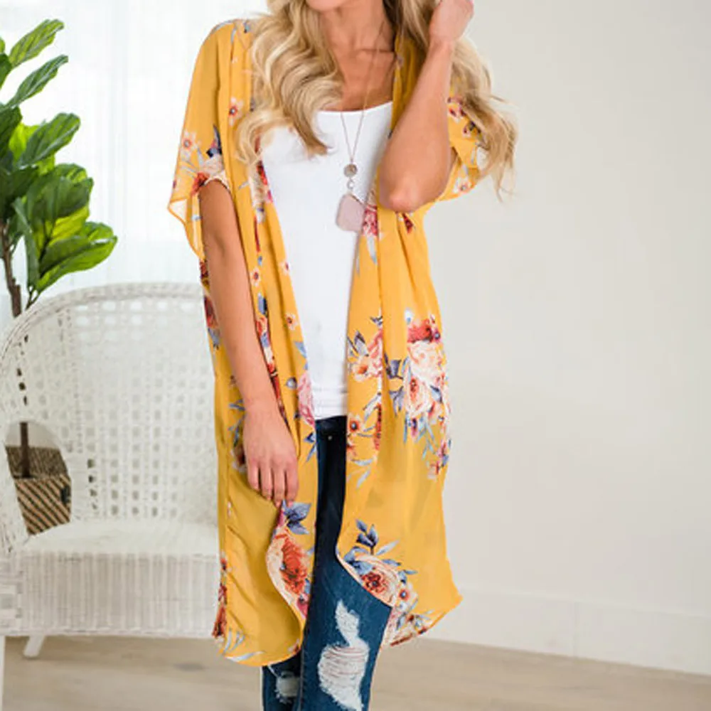 

2019 Fashion Women Floral Print Cardigan Bikini Cover Up Chiffon Beach Dress Shawl Beachwear Kaftan Beach Tunics Swimsuit Pareos