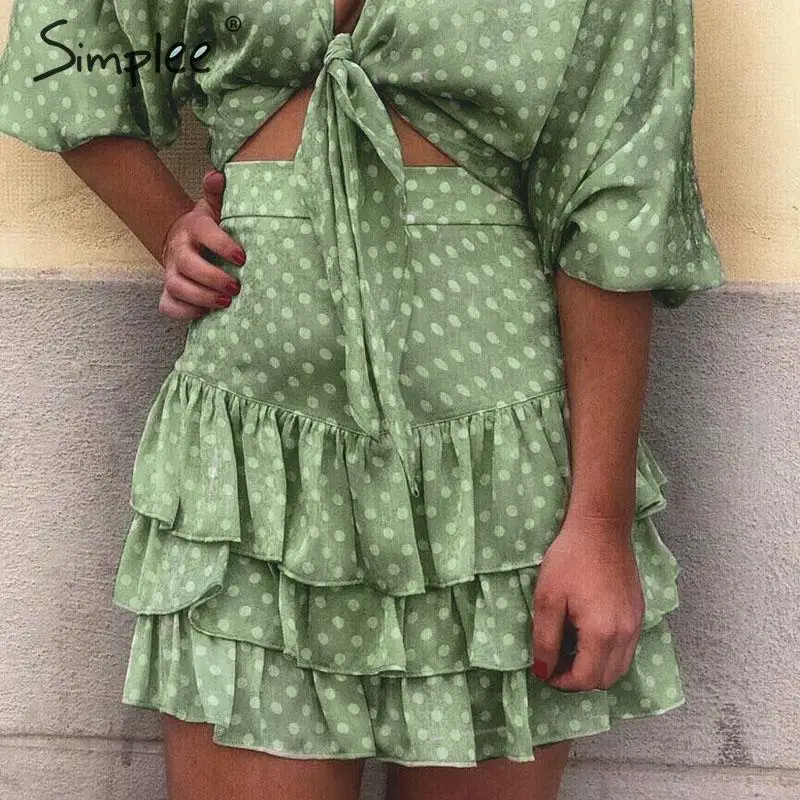 Simplee Bohemian dot print ruffled women skirts High waist summer casual female skirts Beach style soft ladies short mini skirts