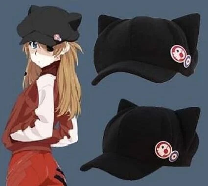 Casquette De Baseball Avec Visiere Chapeau En Peluche Anime Eva Asuka Oreilles De Chat Casquette Avec Badge Aliexpress