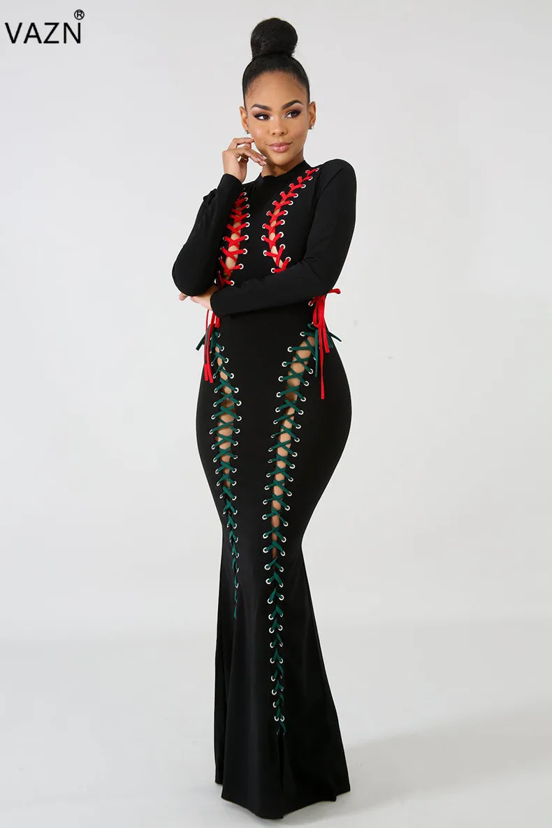 

VAZN 2019 Spring Fashion Hot Solid Bodycon Long Dress Women O-Neck Full Sleeve Dress Ladies Hollow Out Lace Up Maxi Dress CY8070