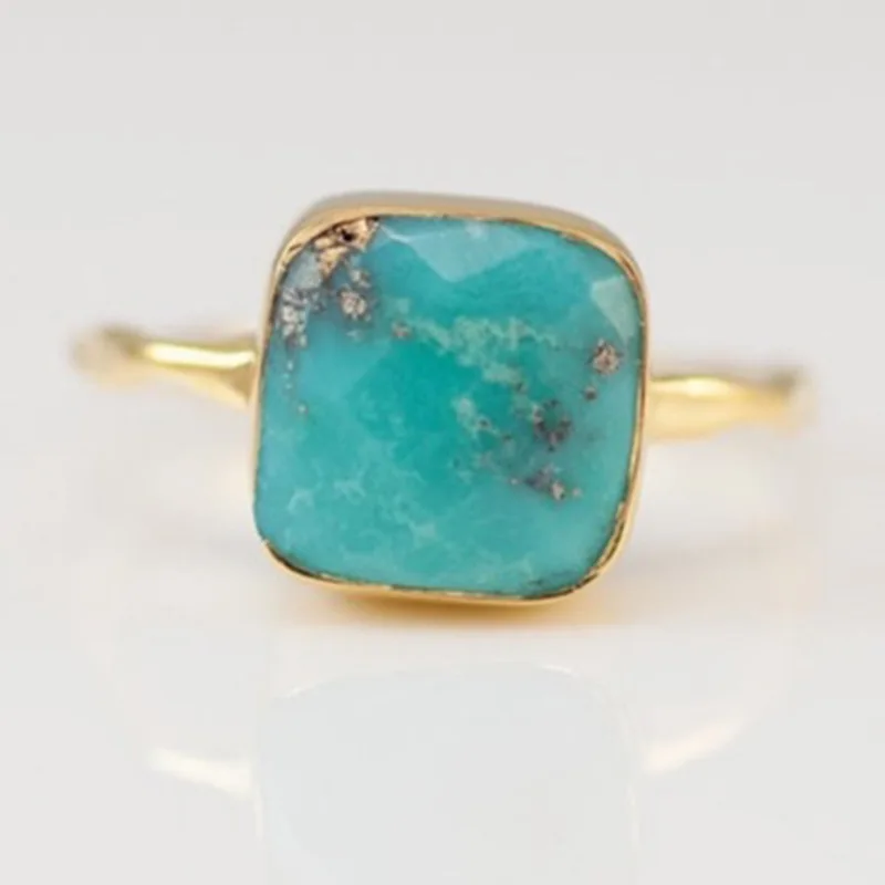 Vintage Natural Square Green Blue Stone Rings Bohemia Style Gold Color Rings Luxury Inlaid Stone Rings Party Jewelry For Women