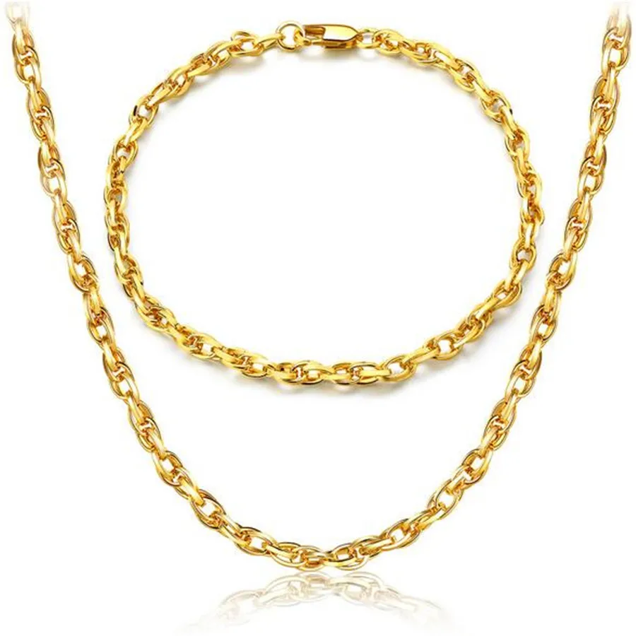 

Free Shipping Gold 18 K Jewelry Gift Set Two-piece 4MM Double ROLO Bracelet Necklace Anniversary gift