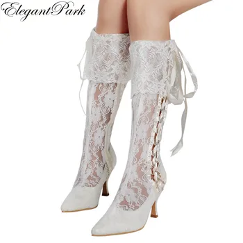 

White Ivory Women's Boots Knee-high Calf Mid Heel Wedding Bridal Shoes Lace-up Bride Bridesmaids Ladies Party Dress Pumps MB-081