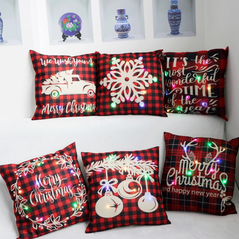 Linen LED Pillow Cover Printed Merry Christmas Pillowcase Woven