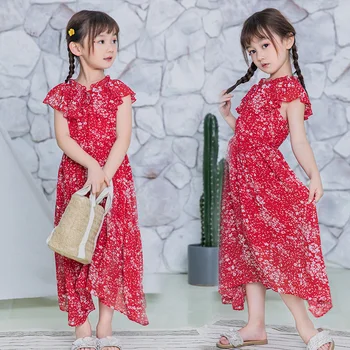 

Brand Girl's Dress summer New Fashion Children's Chiffon Dress Little Girl Floral Dresses Red Party Teen Girls Beach Outfit
