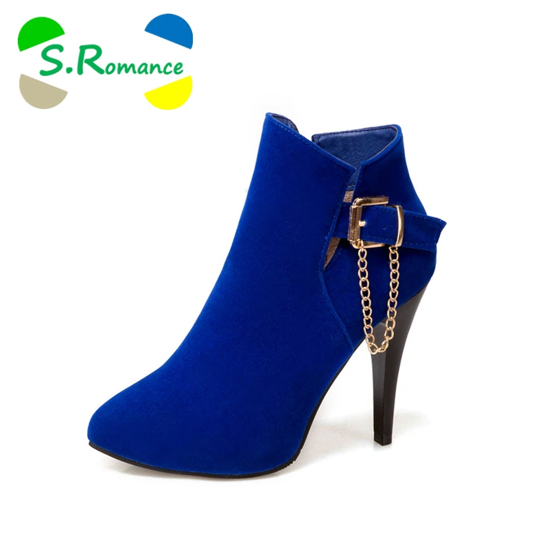 

S.Romance Women Ankle Boots Plus Size 34-43 High Heel Zip Round Toe New Fashion Lady Autumn Woman Shoes Black Blue Red SB1097