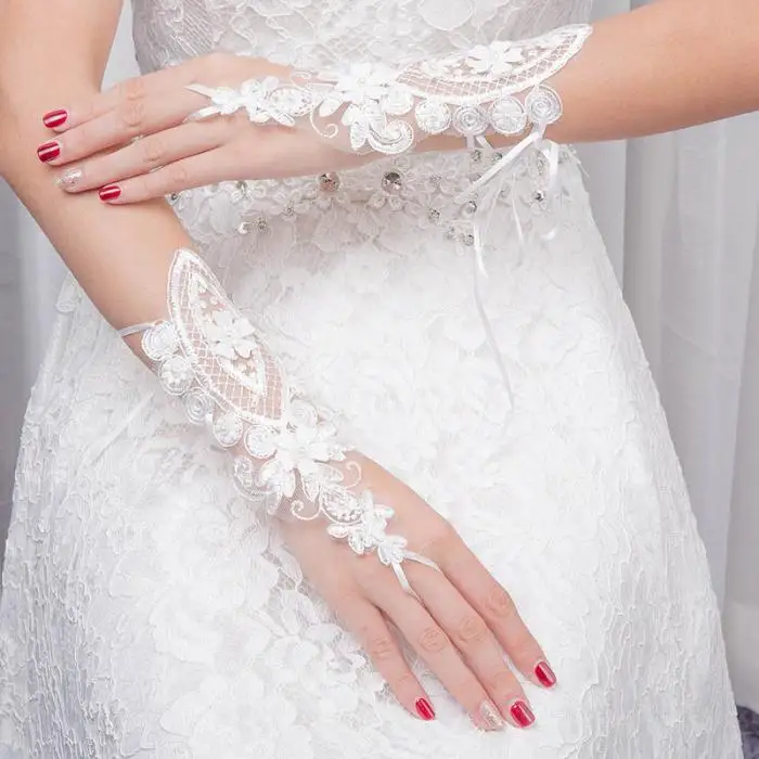 1 пара 5 стилей белые кружевные короткие свадебные перчатки без пальцев для невесты стразы из бисера цветок росы Свадебные перчатки Аксессуары JL