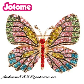 

50pcs/lot Multicolor rhinestone crystal kawaii butterfly brooch for elegant insect jewelry decoration pins metal