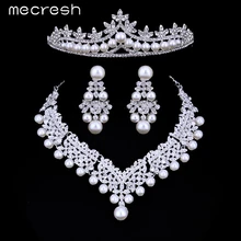 Mecresh Lujo de La Perla Simulada Joyería de La Boda Establece Aretes Collar Nupcial Tiara HG023 + TL309 Juegos de Regalo de Navidad Venta Caliente