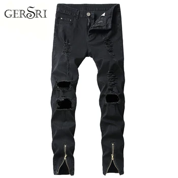 

Gersri New Fashion Ripped Jeans Men With Holes Denim Brand Famous Slim Fit Jean Pants Scratched Hip Hop elastic Jeans zipper
