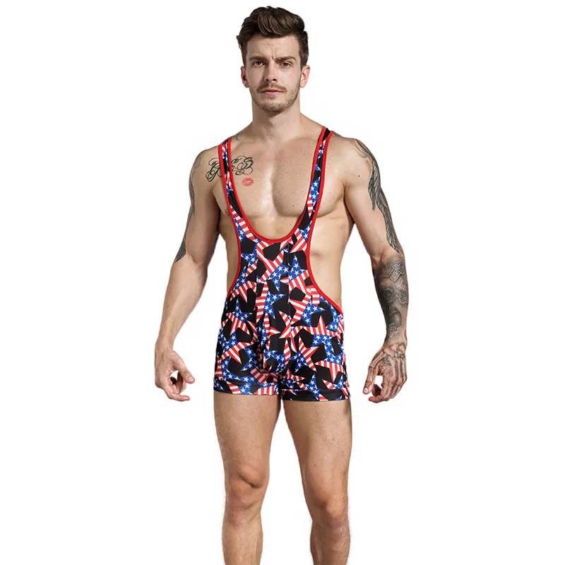 

American Flag Print Men Bodysuits Plus Size Wrestling Suspender Gay Boxers Sexy Jockstrap Singlet Erotic Underwears Male -N