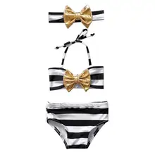 Комплект из 3 предметов, милый бант в полоску купальник набор бикини детский купальный костюм повязка на голову головной убор для малышей купальный без рукавов Весна-осень