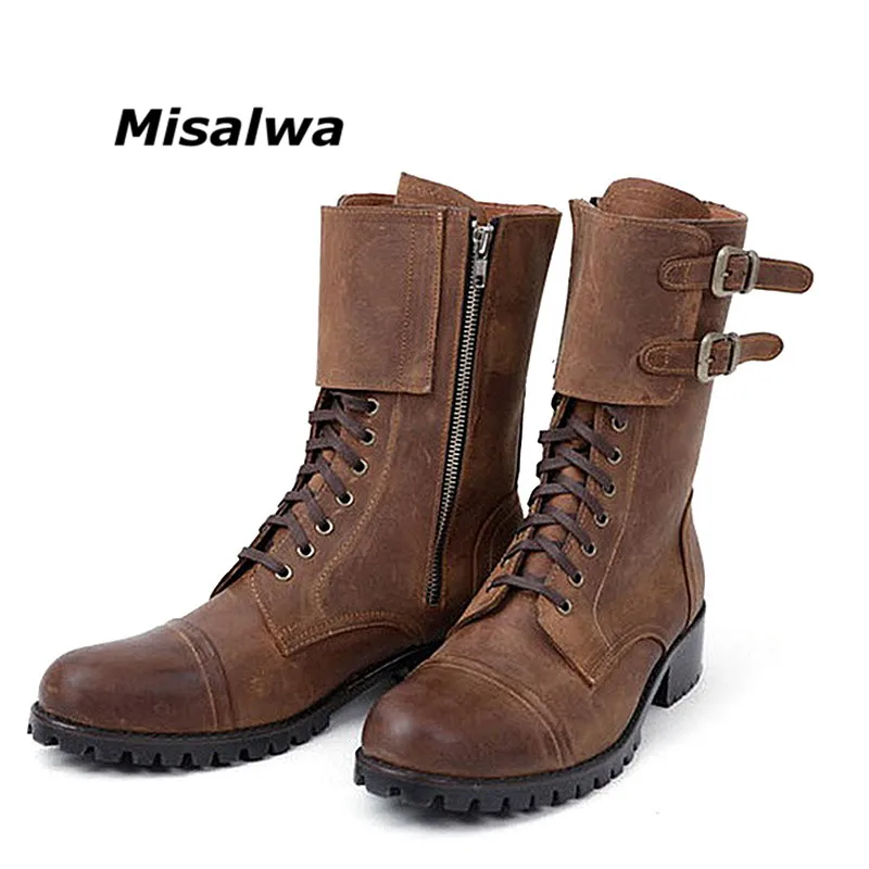 

Misalwa 2018 Retro Military Boots Men Shoes Round Toe PU Leather Mid-Calf Boots Male Roma Style Belt Buckle Motorcycle Shoes