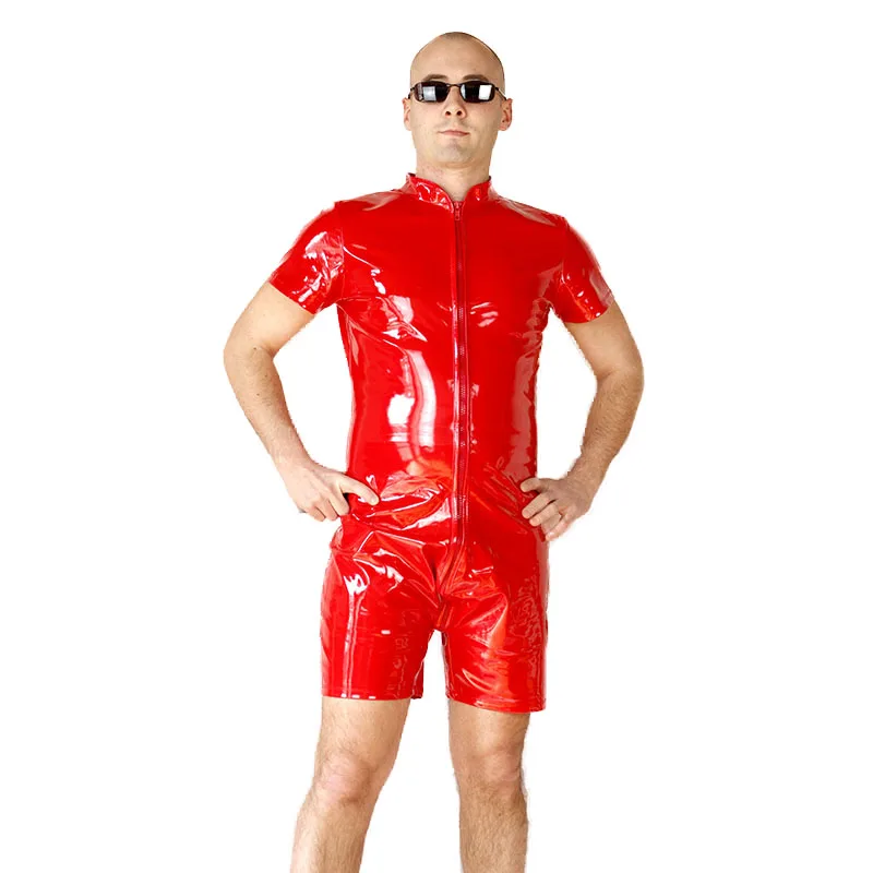 

Black Mens Faux Leather Short Sleeves Front Zipper Leotard Boxer Bodysuit Jumpsuit Male Wetlook Underwear Gay Clubwear Clothes