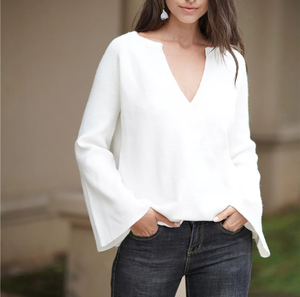

Fashion V-Neck Flare Sleeve Knitted Sweater Autumn Loose Knitting Sweater 2019 Casual Sweaters Female
