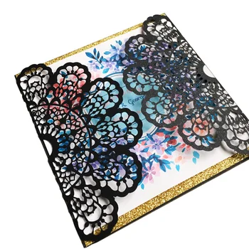 

Black lace floral laser cut wedding party invitation card