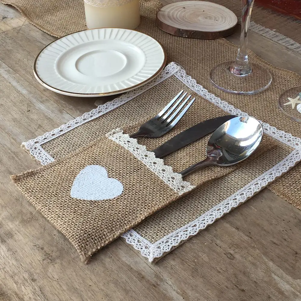 10pcs/Lot Hessian Rustic Wedding Burlap Cutlery Silverware Holder Pocket vintage wedding decoration 10pcs/Lot Hessian Rustic Wedding Burlap Cutlery Silverware Holder Pocket vintage wedding decoration