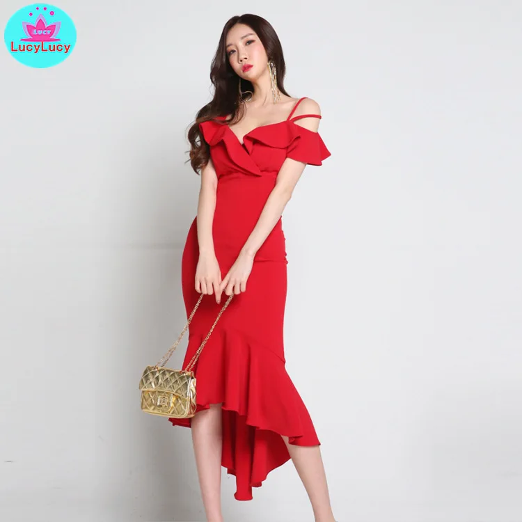 

2019 summer new Korean version of the strap V-neck strapless women's slim waist slimming oblique fishtail dress