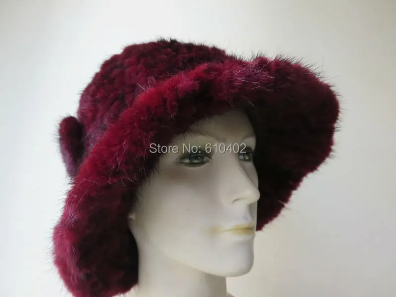 free shipping Lady s Genuine Real Mink Fur hand made knitted Top Hat wine red