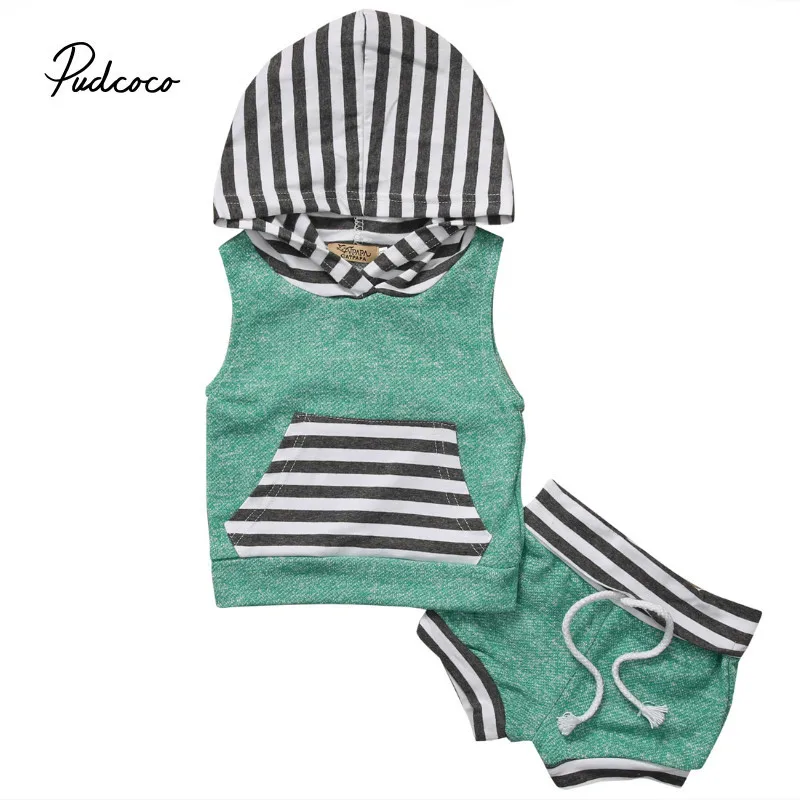 

Pudcoco Summer Baby Boys Girls Fashion Clothes Set 2 piece Hoodie Top Short Pant Striped Green Sleeveless Clothing Set