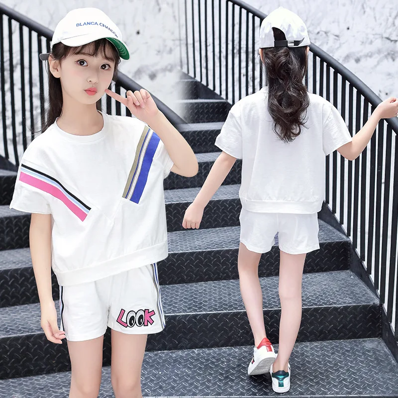 

Children's suit girls big children 2019 summer short-sleeved striped cartoon letters embroidered cotton shorts two-piece