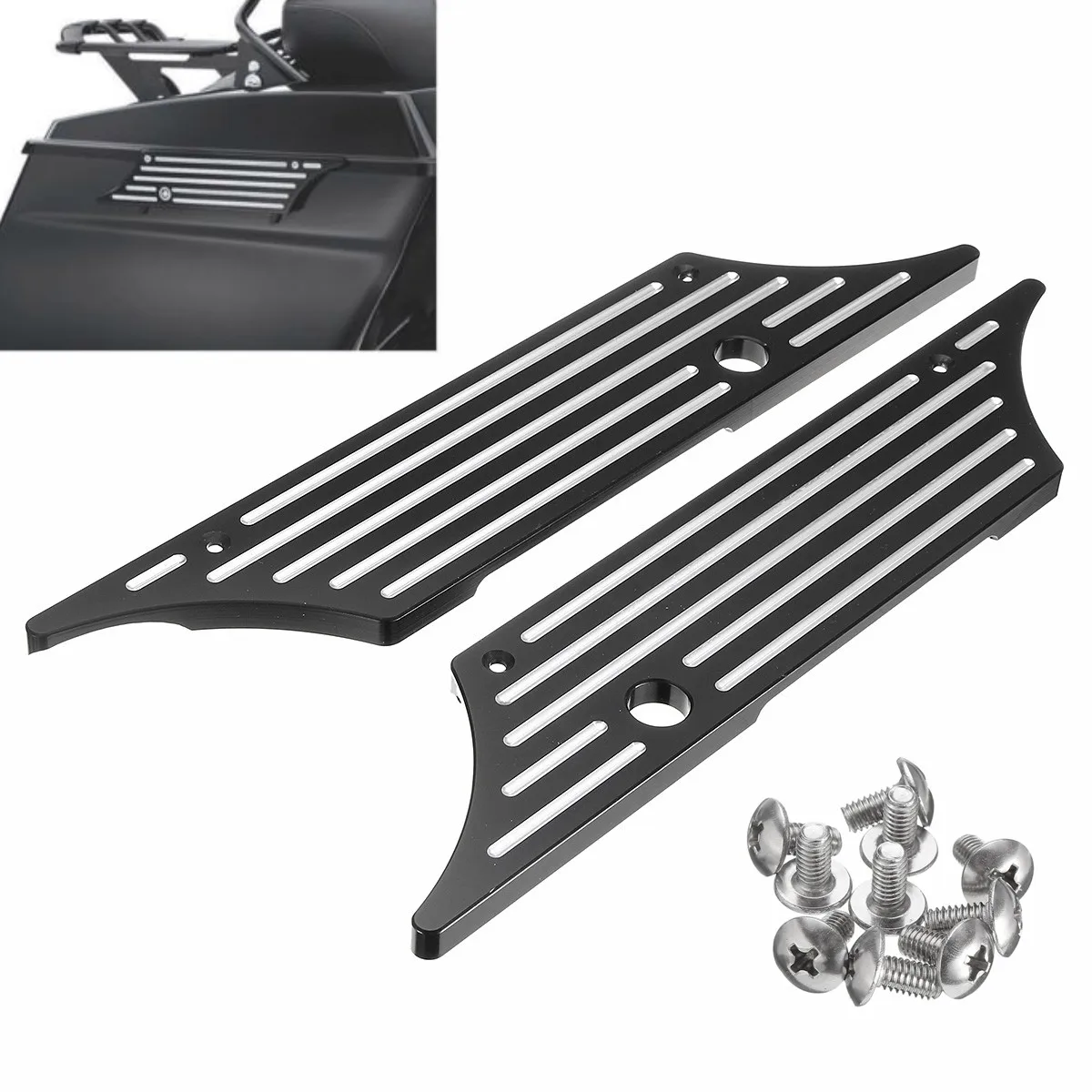 

1Pair Motorcycle Hard Saddle Bag Bags Latch Cover Cap Face Aluminum 2Color for Harley Touring Glide 1993-2013